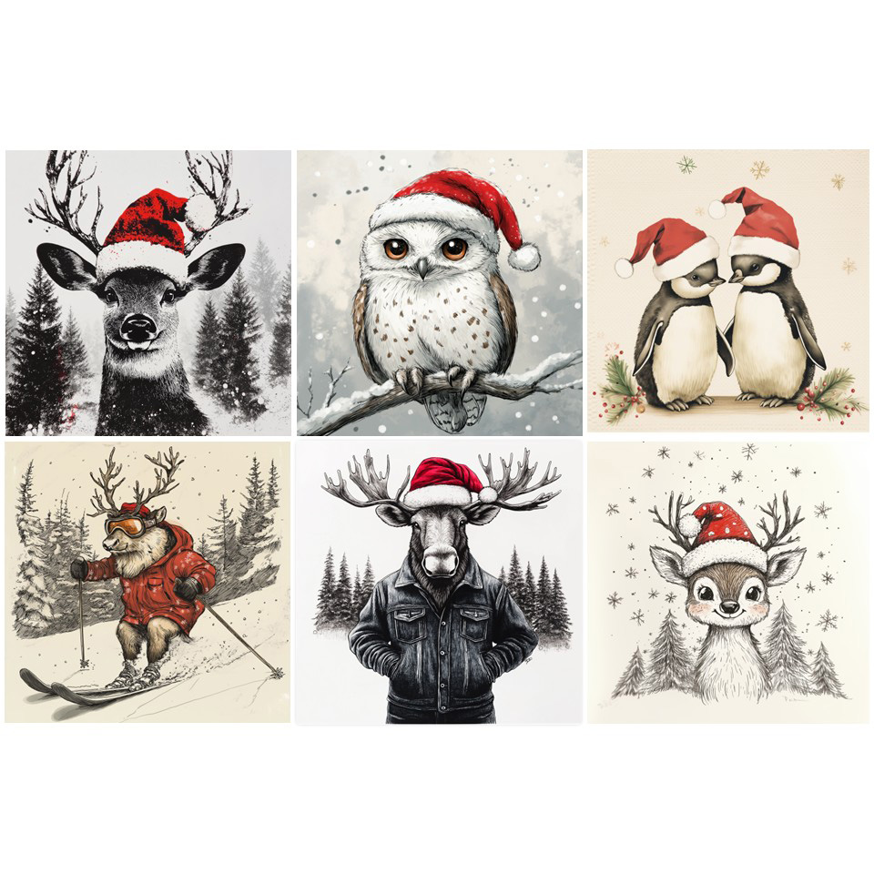 Image 12-PC Ass't of Napkins, 'Festive Fauna' Christmas Series, 6 designs, 20 units each